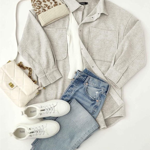 MEROKEETY  2024 Fall Oversized Long Sleeve Shacket Jacket Button Down Wool blend - Picture 3 of 5